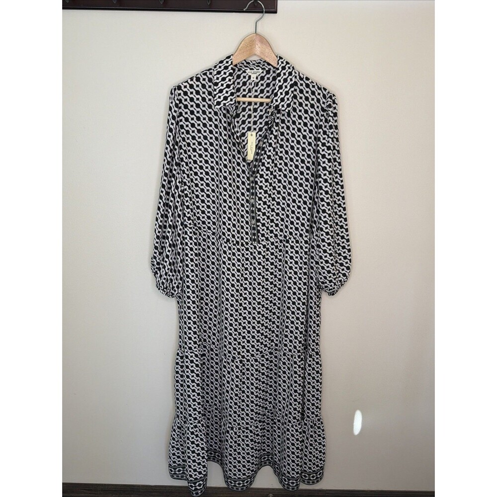 Max Studio Geometric Black & Ivory Maxi Dress 3/4 Balloon Sleeve Collared 1X NWT